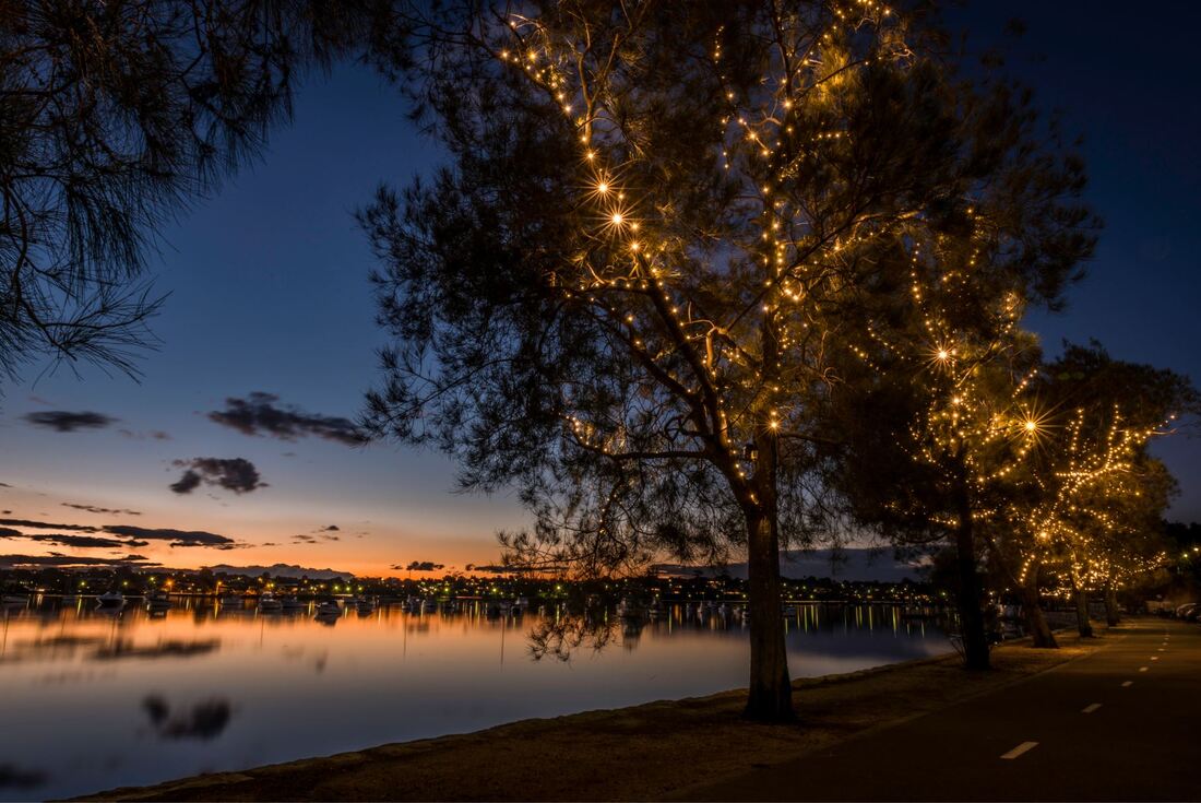 Christmas lights on the shoreline of Parramatta river